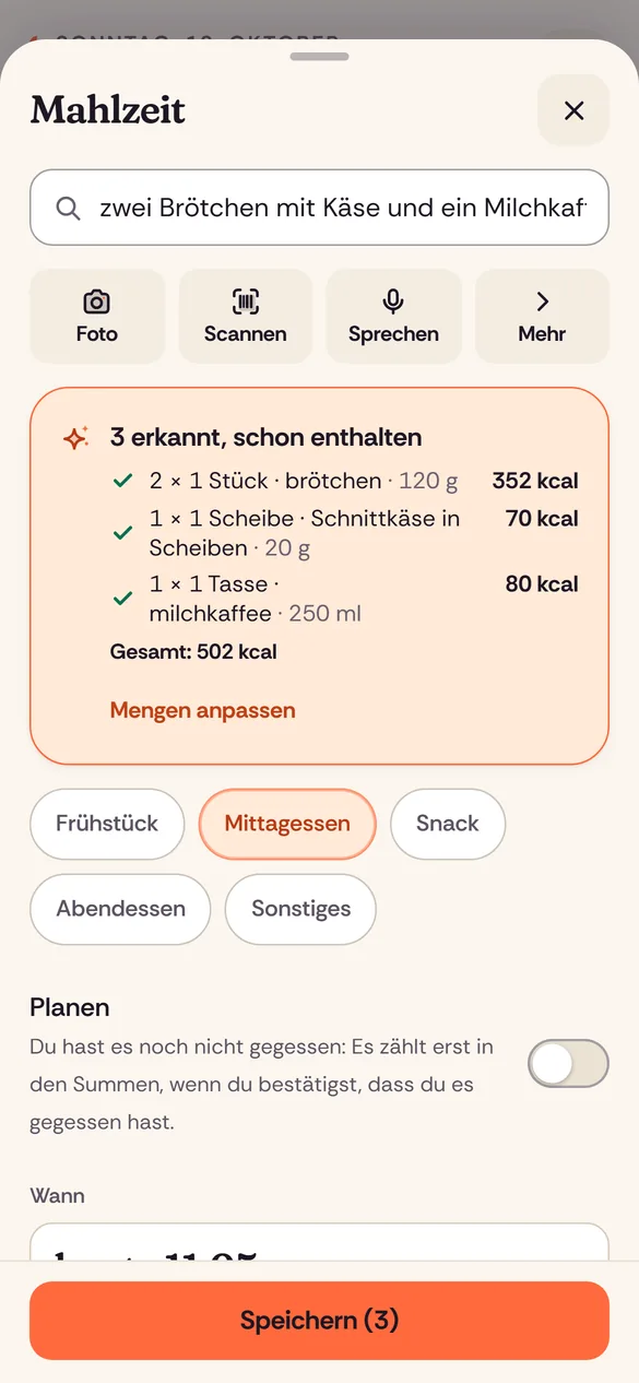 Trag dein Essen ein, wie du es sagst