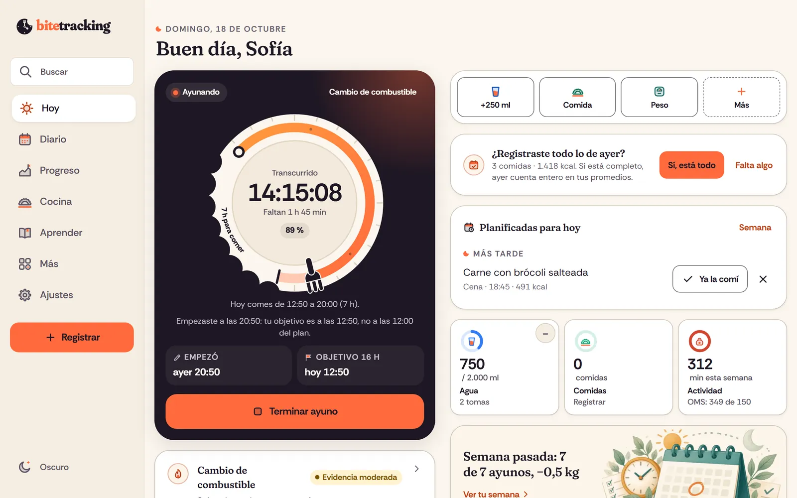 bitetracking en el ordenador: Hoy con el plato-reloj, las comidas y el resumen del día