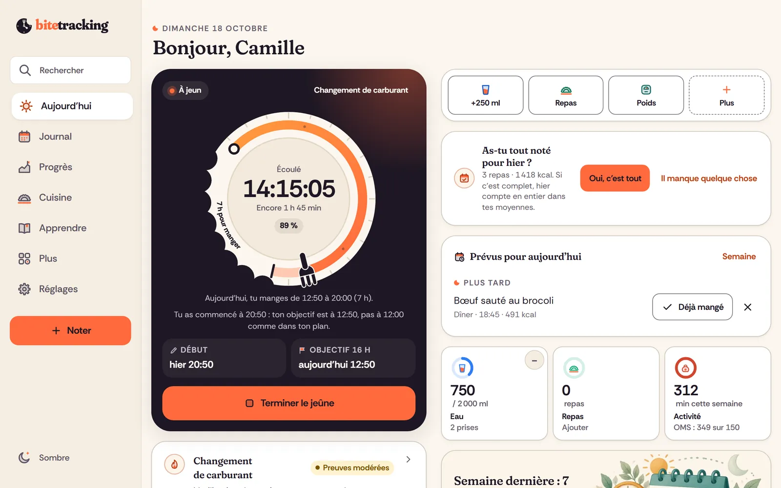 bitetracking sur ordinateur : Aujourd'hui avec l'assiette-horloge, les repas et le résumé du jour