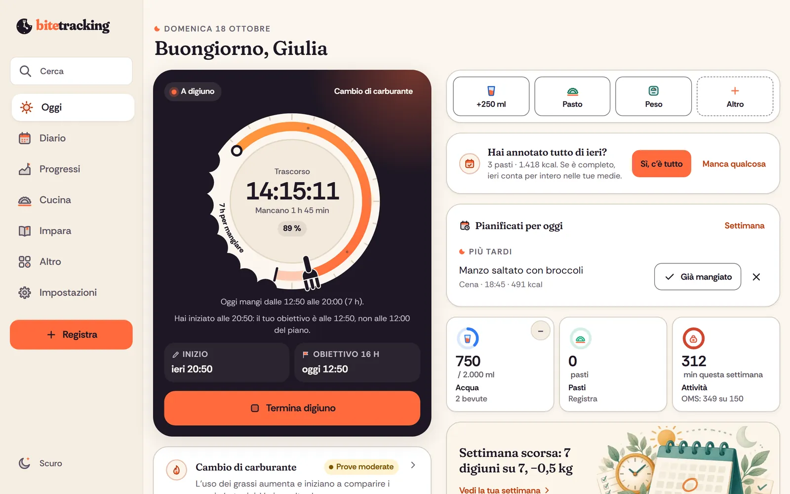 bitetracking sul computer: Oggi con il piatto-orologio, i pasti e il riepilogo del giorno