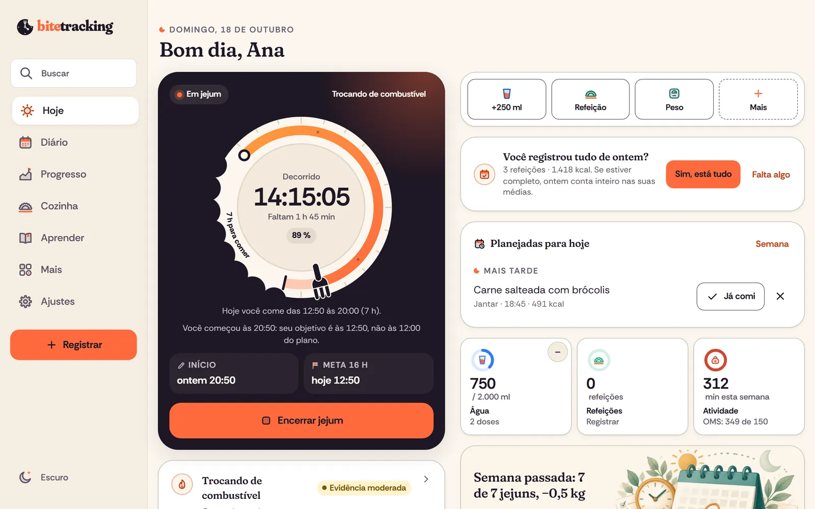 bitetracking no computador: Hoje com o prato-relógio, as refeições e o resumo do dia